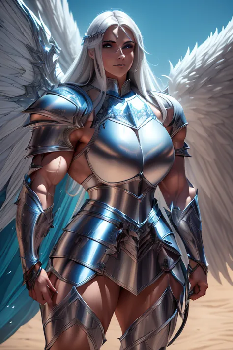 ((((Massive, tall, beautiful, buff, muscular light brown skinned female knight with white hair, black lipstick, huge angle wings...