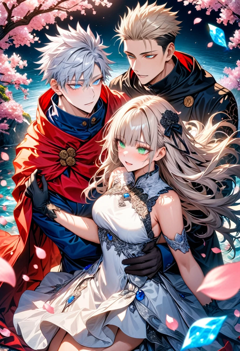 Ultra detailed, highres, absurdres, HDR, master piece, Gojo Satoru, white hair with bangs, hair between the eyes, white eyelashes, expressive blue eyes, Aida, ash blond hair with bangs, green eyes, white fantasy dress with black patterns, red cape, Jujutsu Kaisen, fantasy, petals, cherry blossoms, water, black ribbon on her hair, black gloves, a handsome man together with a beautiful woman, sexy, couple, love, magic, best quality