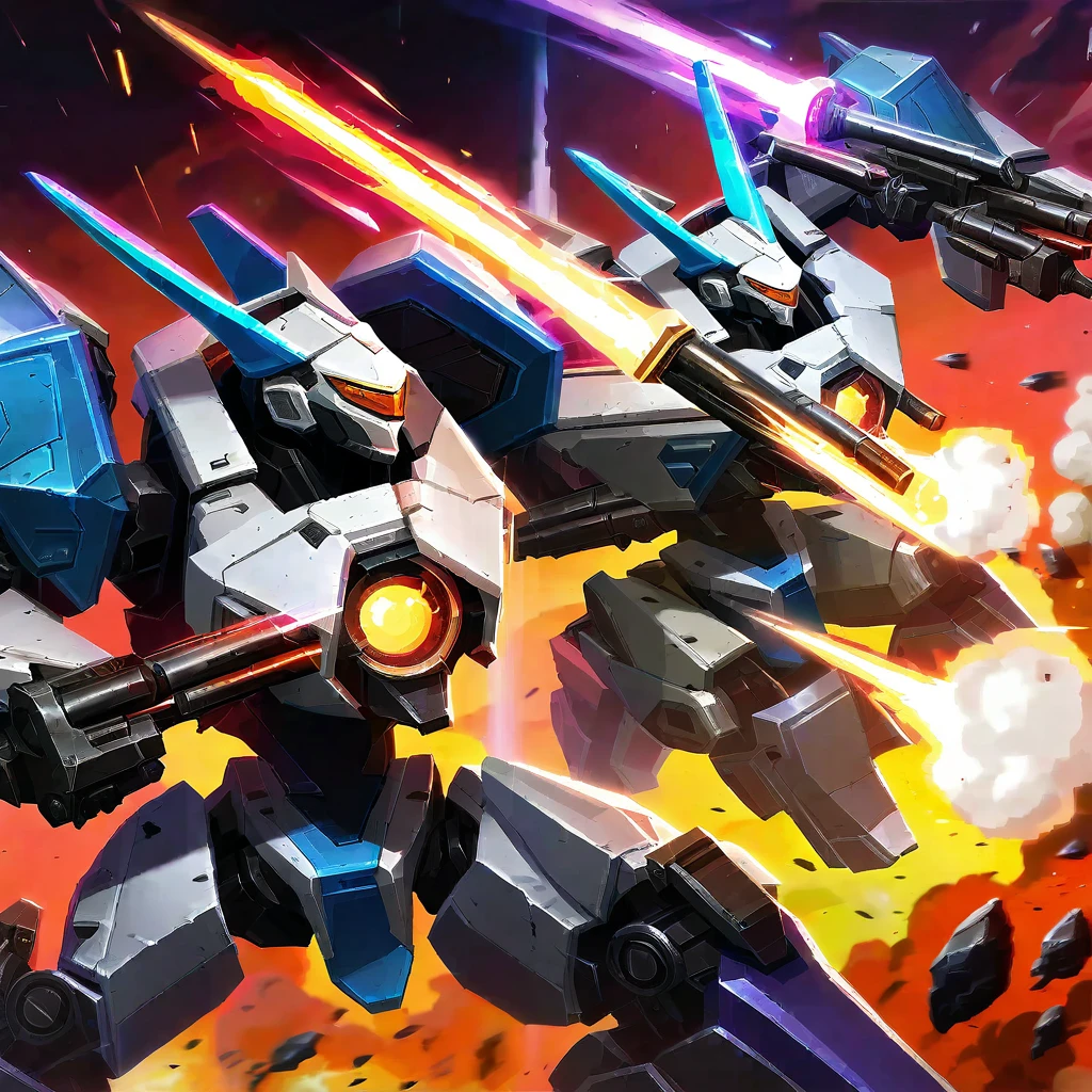 Explosive battle, war mechs with differing color schemes close on one another as they fire weapons of mass destruction