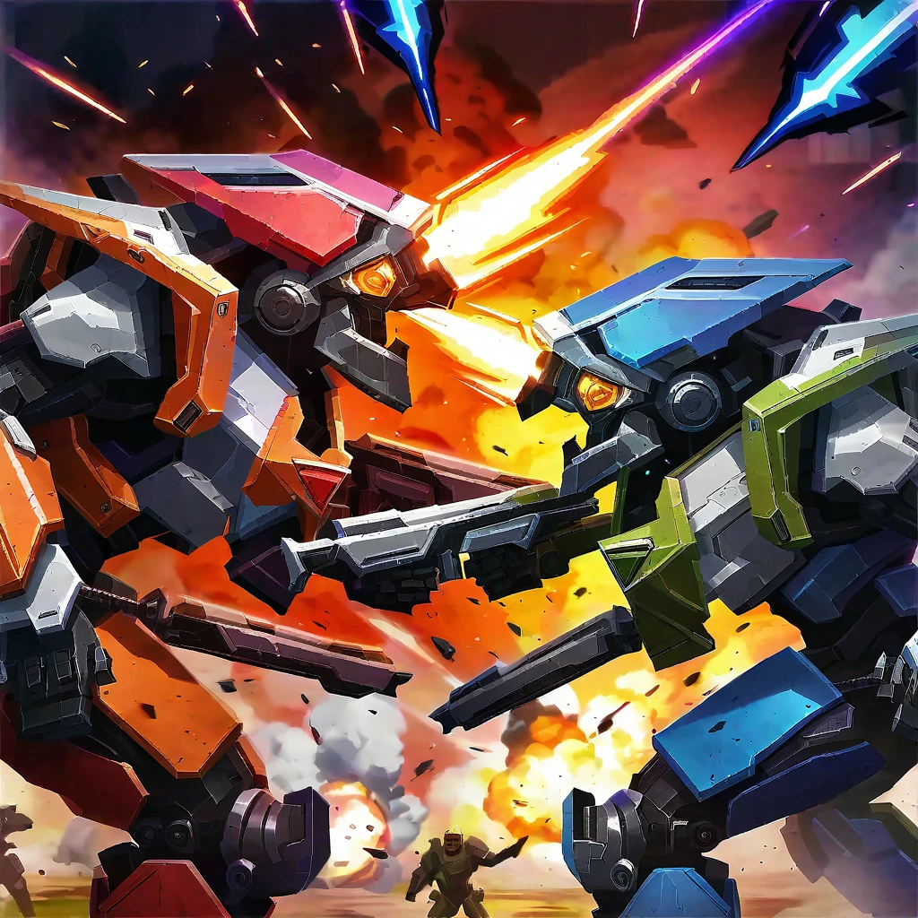 Explosive battle, war mechs with differing color schemes close on one another as they fire weapons of mass destruction