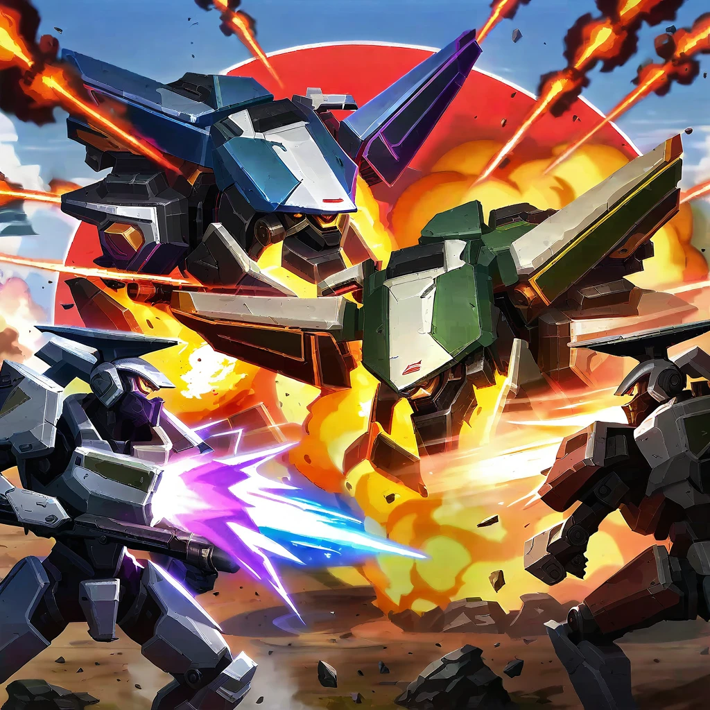 Explosive battle, war mechs with differing color schemes close on one another as they fire weapons of mass destruction