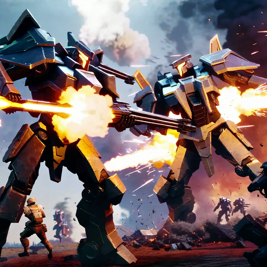 Explosive battle, war mechs with differing color schemes close on one another as they fire weapons of mass destruction