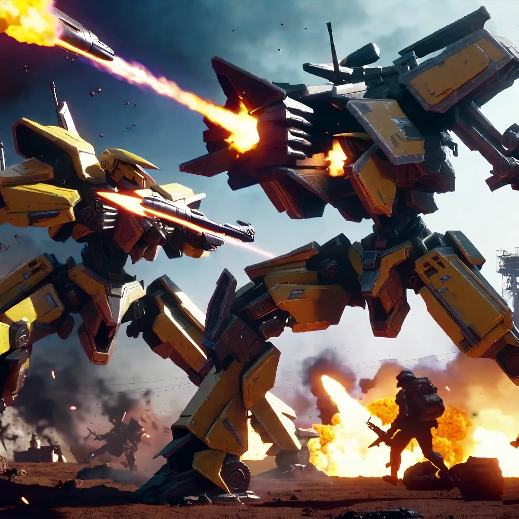 Explosive battle, war mechs with differing color schemes close on one another as they fire weapons of mass destruction