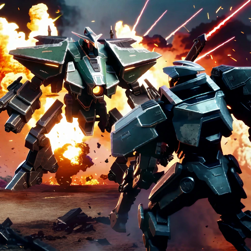 Explosive battle, war mechs with differing color schemes close on one another as they fire weapons of mass destruction