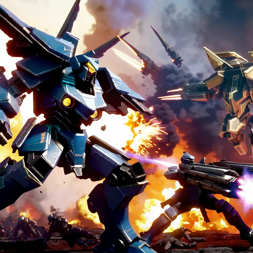 Explosive battle, war mechs with differing color schemes close on one another as they fire weapons of mass destruction