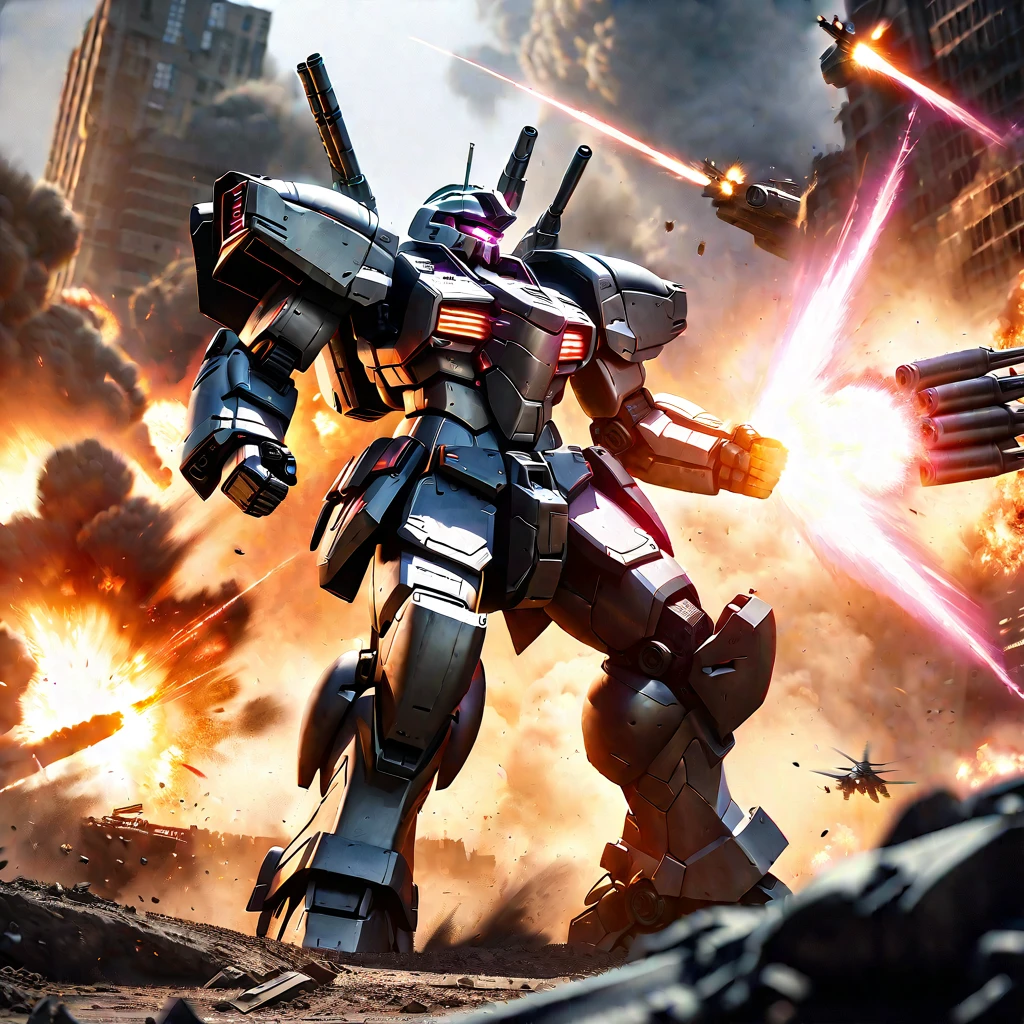 Explosive battle, war mechs with differing color schemes close on one another as they fire weapons of mass destruction