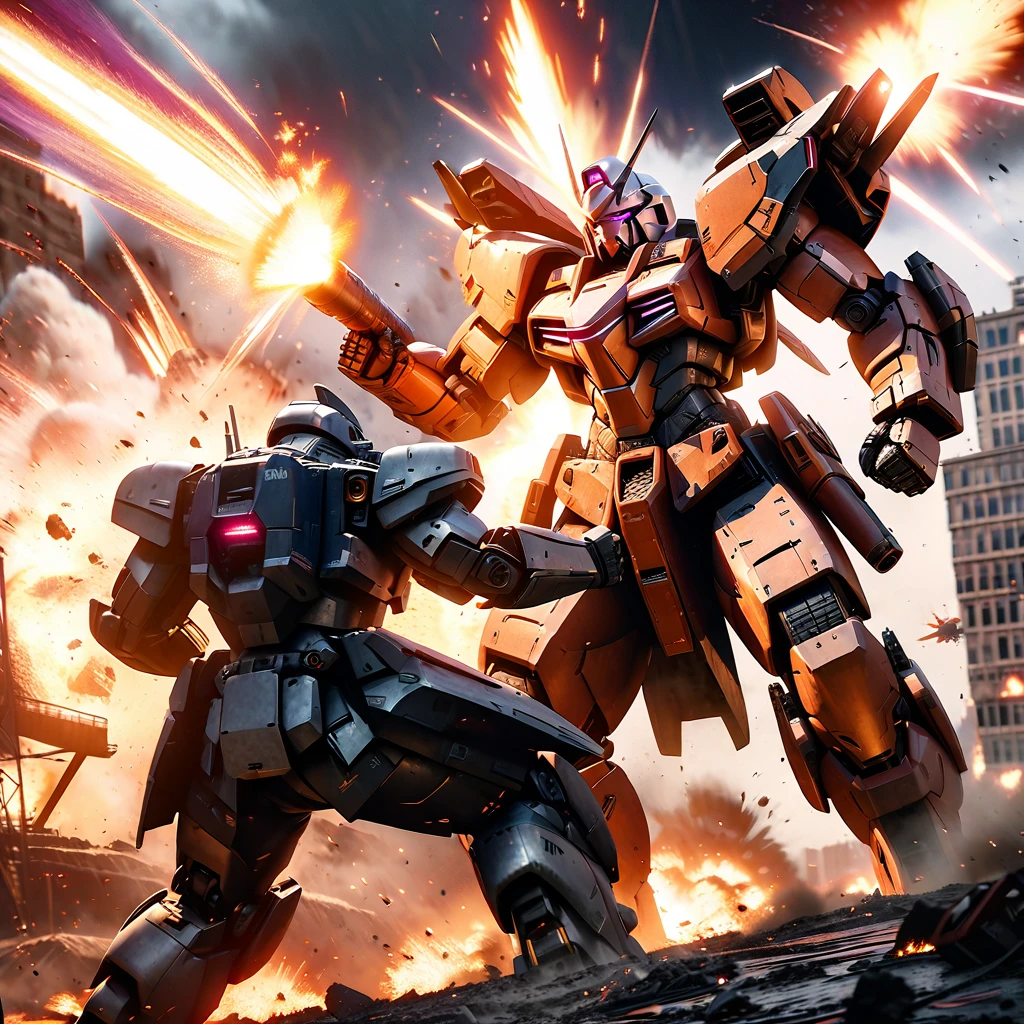 Explosive battle, war mechs with differing color schemes close on one another as they fire weapons of mass destruction