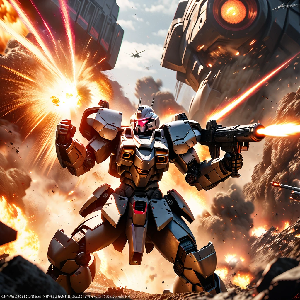 Explosive battle, war mechs with differing color schemes close on one another as they fire weapons of mass destruction