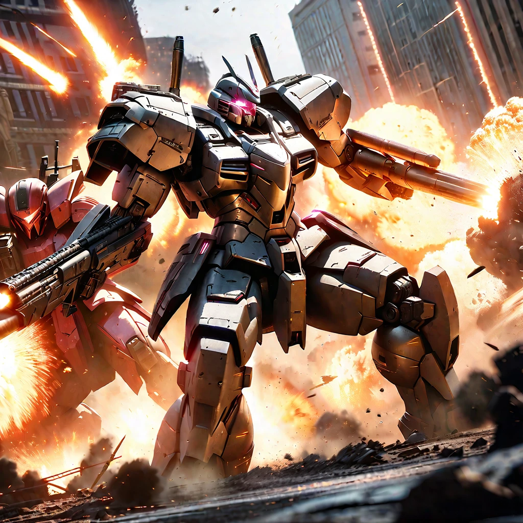 Explosive battle, war mechs with differing color schemes close on one another as they fire weapons of mass destruction