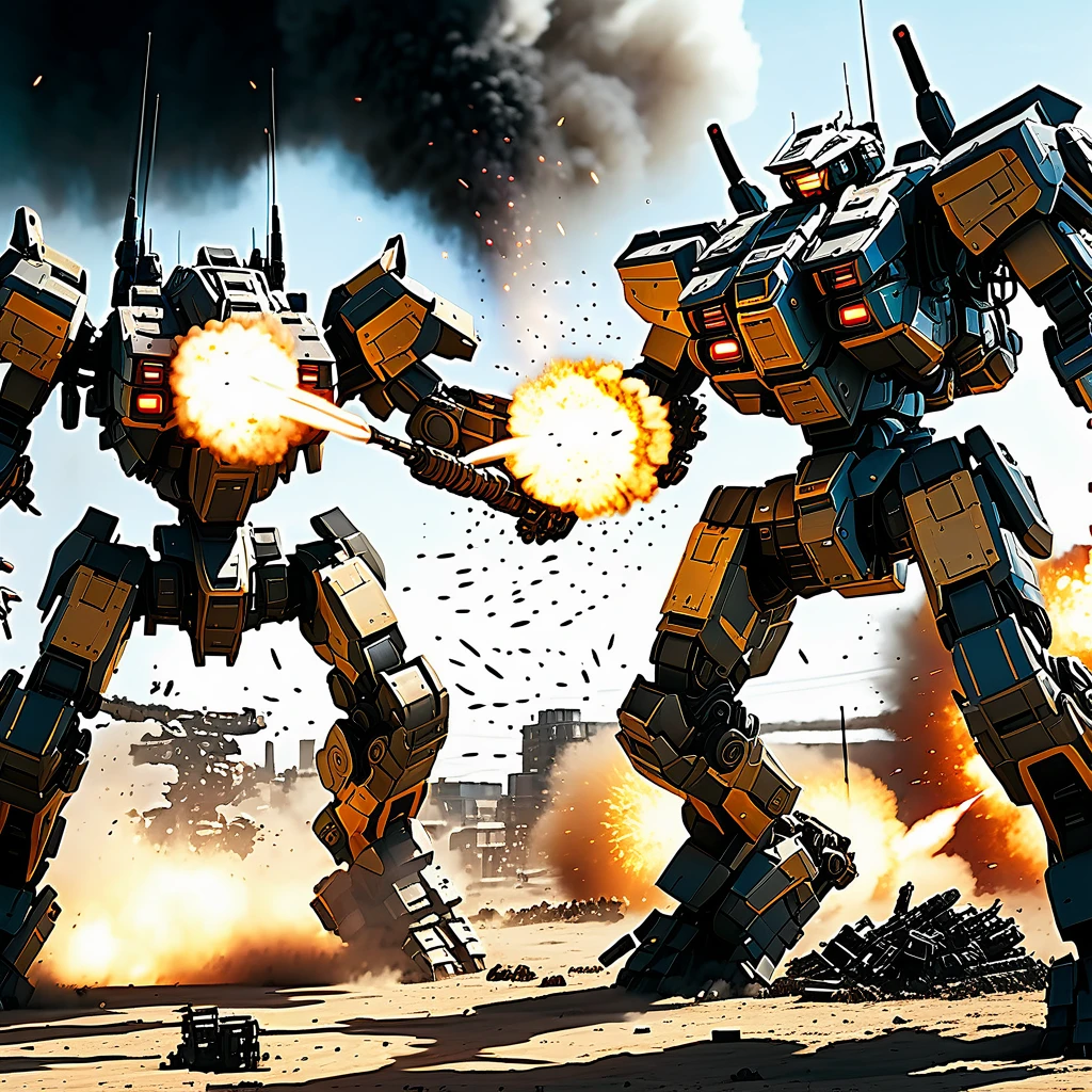 Explosive battle, war mechs with differing color schemes close on one another as they fire weapons of mass destruction