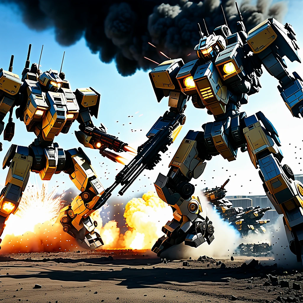 Explosive battle, war mechs with differing color schemes close on one another as they fire weapons of mass destruction