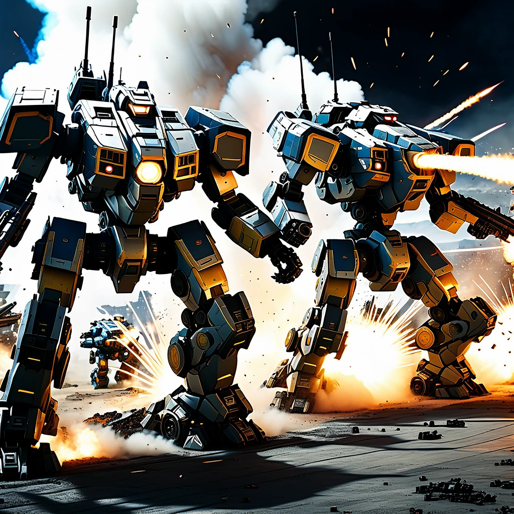 Explosive battle, war mechs with differing color schemes close on one another as they fire weapons of mass destruction