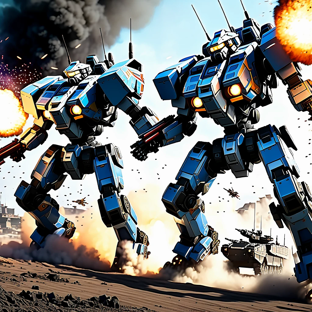 Explosive battle, war mechs with differing color schemes close on one another as they fire weapons of mass destruction