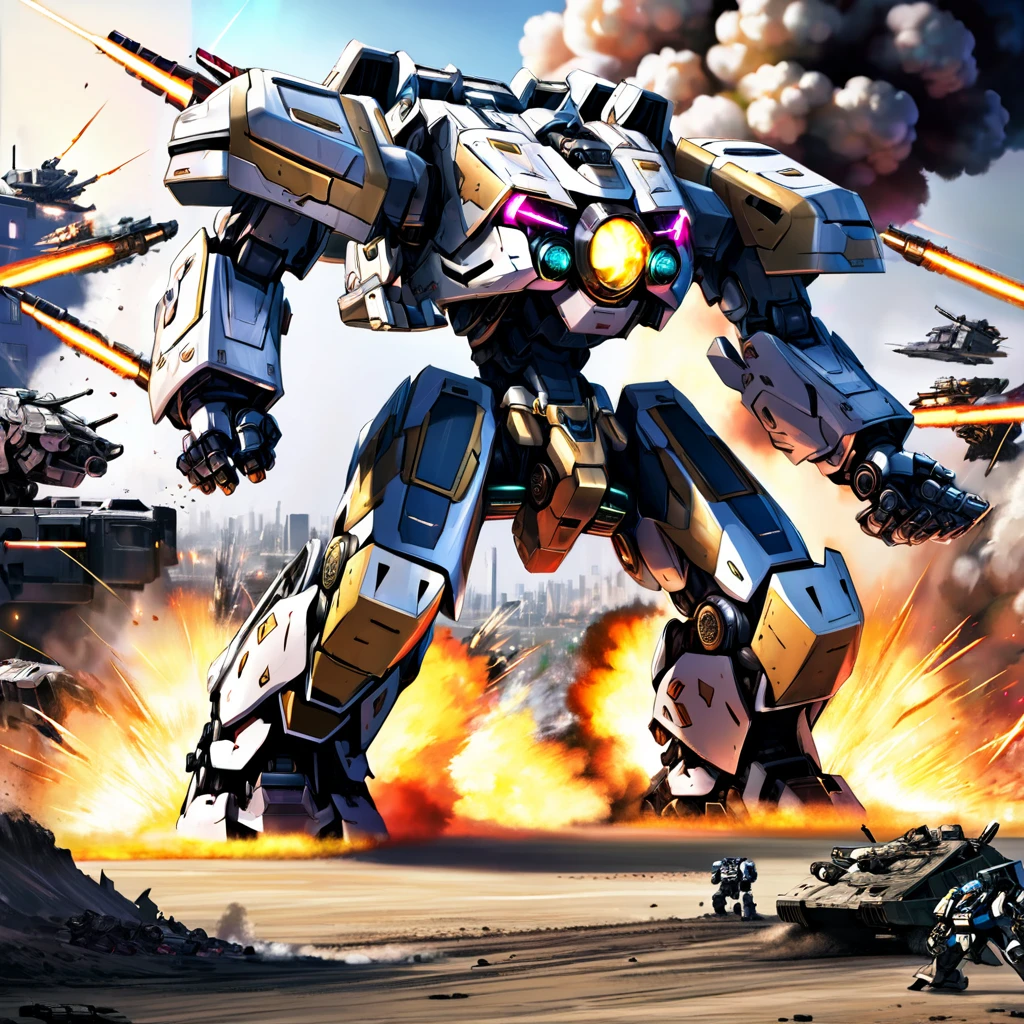 Explosive battle, war mechs with differing color schemes close on one another as they fire weapons of mass destruction