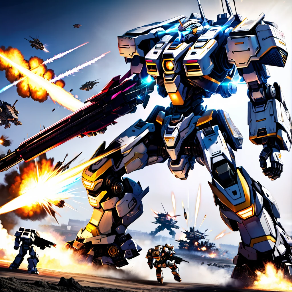 Explosive battle, war mechs with differing color schemes close on one another as they fire weapons of mass destruction