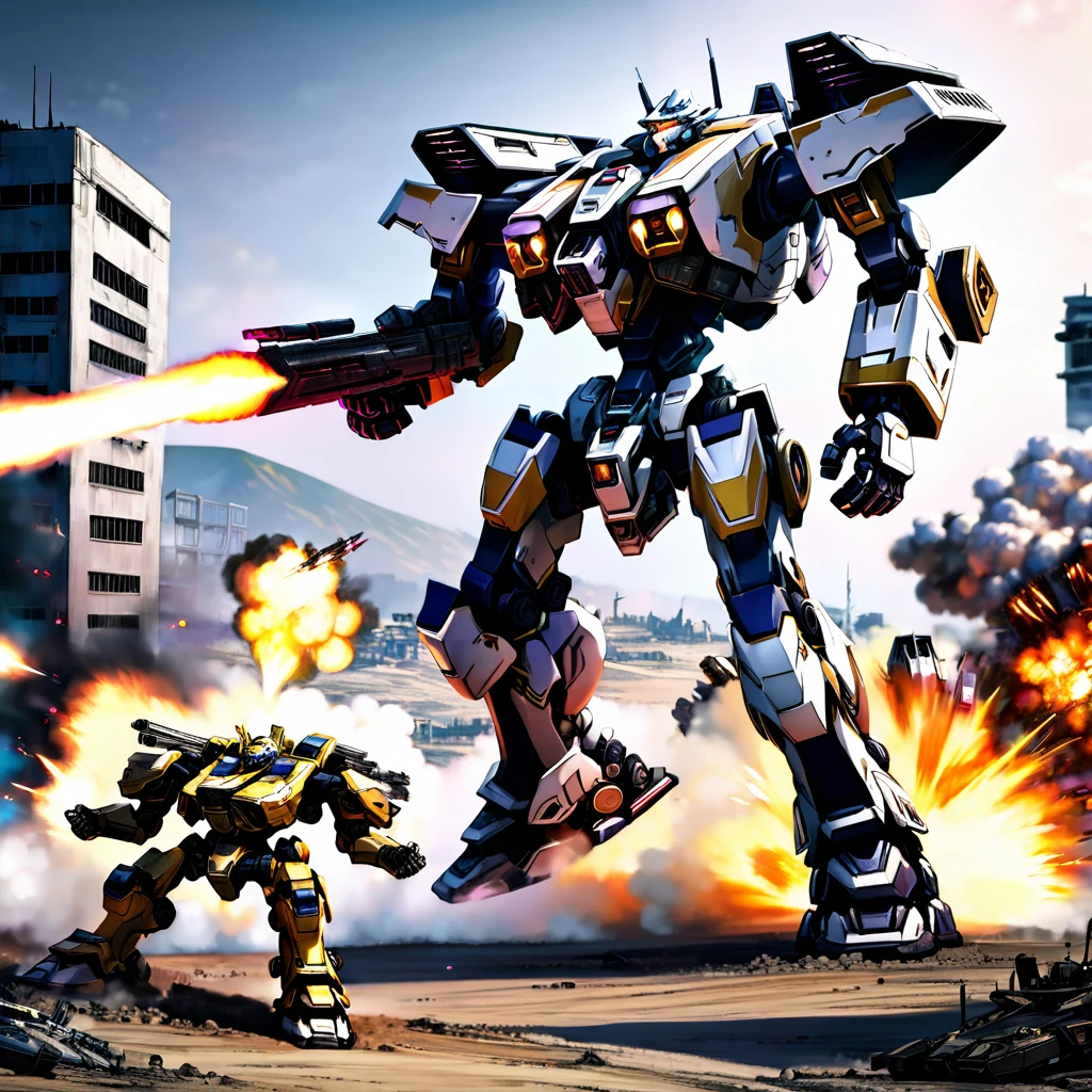 Explosive battle, war mechs with differing color schemes close on one another as they fire weapons of mass destruction