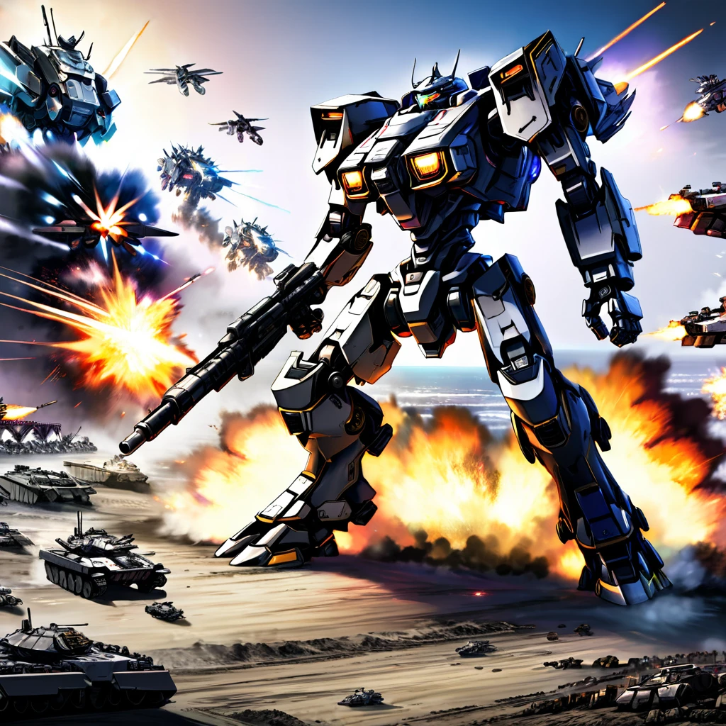 Explosive battle, war mechs with differing color schemes close on one another as they fire weapons of mass destruction