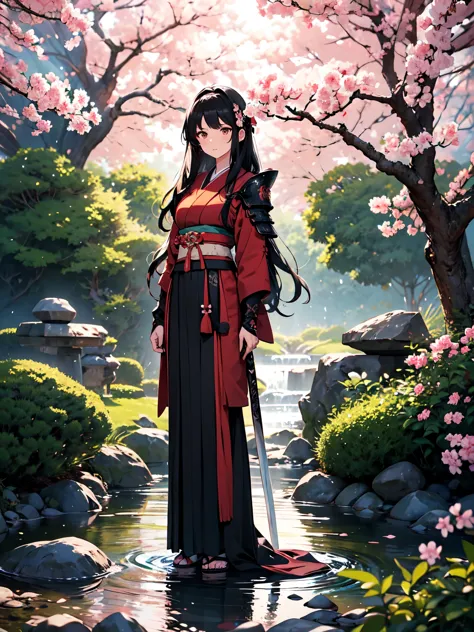 A stunning artwork of an honorable female samurai standing in a serene Japanese garden. The full-body view showcases her in trad...