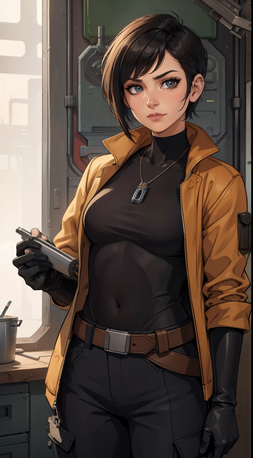 (high-quality, breathtaking),(expressive eyes, perfect face) Symmetrical Eyes, portrait, Star Wars Universe, 1girl, female, adult, mechanic, punk jacket, shirt, short sleeved, gloves, pants, belt, wrench, crystals, messy hair, black hair color, brown eye color, short hair length, stylized hairstyle, pixie haircut, tall, technician outfit, engineer, sci fi workshop background, work bench, tools, mature, narrow eyes, dog tag necklaces, soft smile
