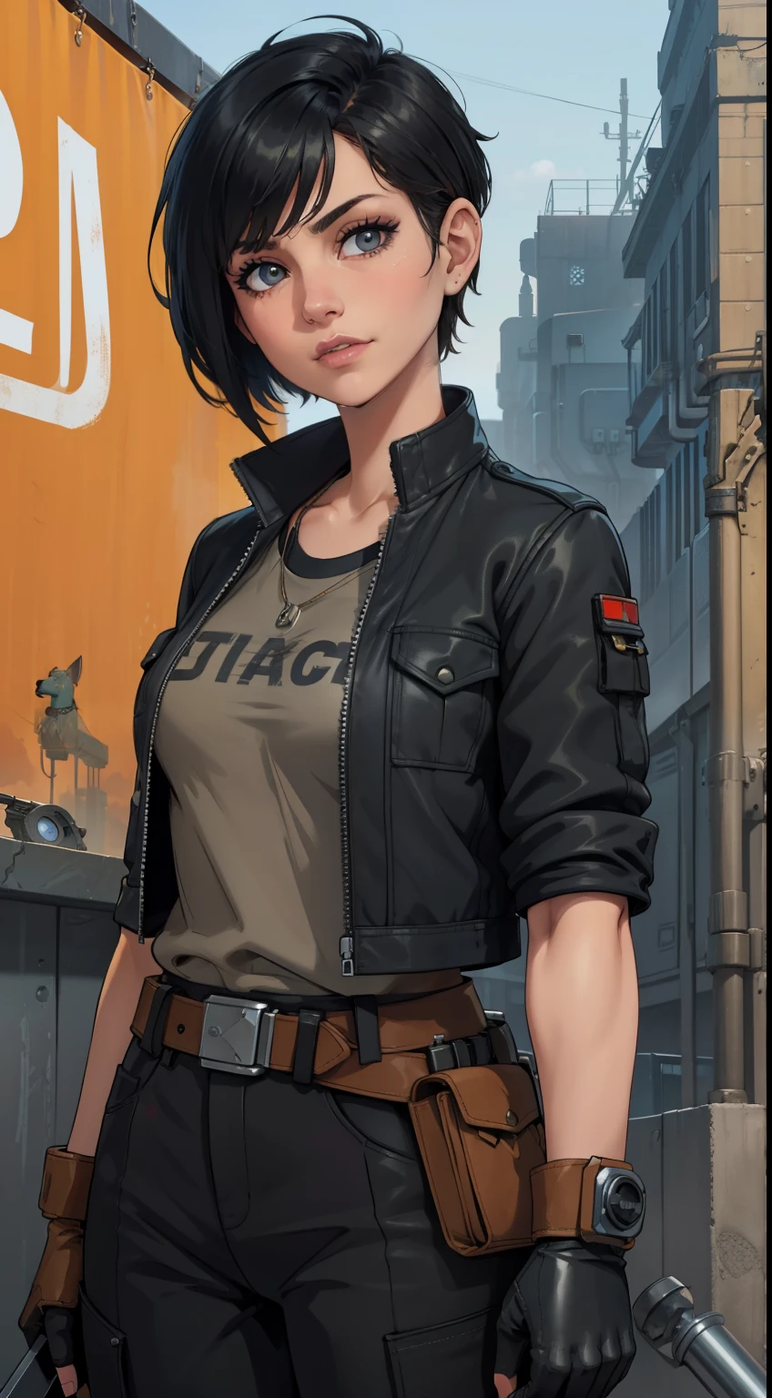 (high-quality, breathtaking),(expressive eyes, perfect face) Symmetrical Eyes, portrait, Star Wars Universe, 1girl, female, adult, mechanic, punk jacket, shirt, short sleeved, gloves, pants, belt, wrench, crystals, messy hair, black hair color, brown eye color, short hair length, stylized hairstyle, pixie haircut, tall, technician outfit, engineer, sci fi workshop background, work bench, tools, mature, narrow eyes, dog tag necklaces, soft smile
