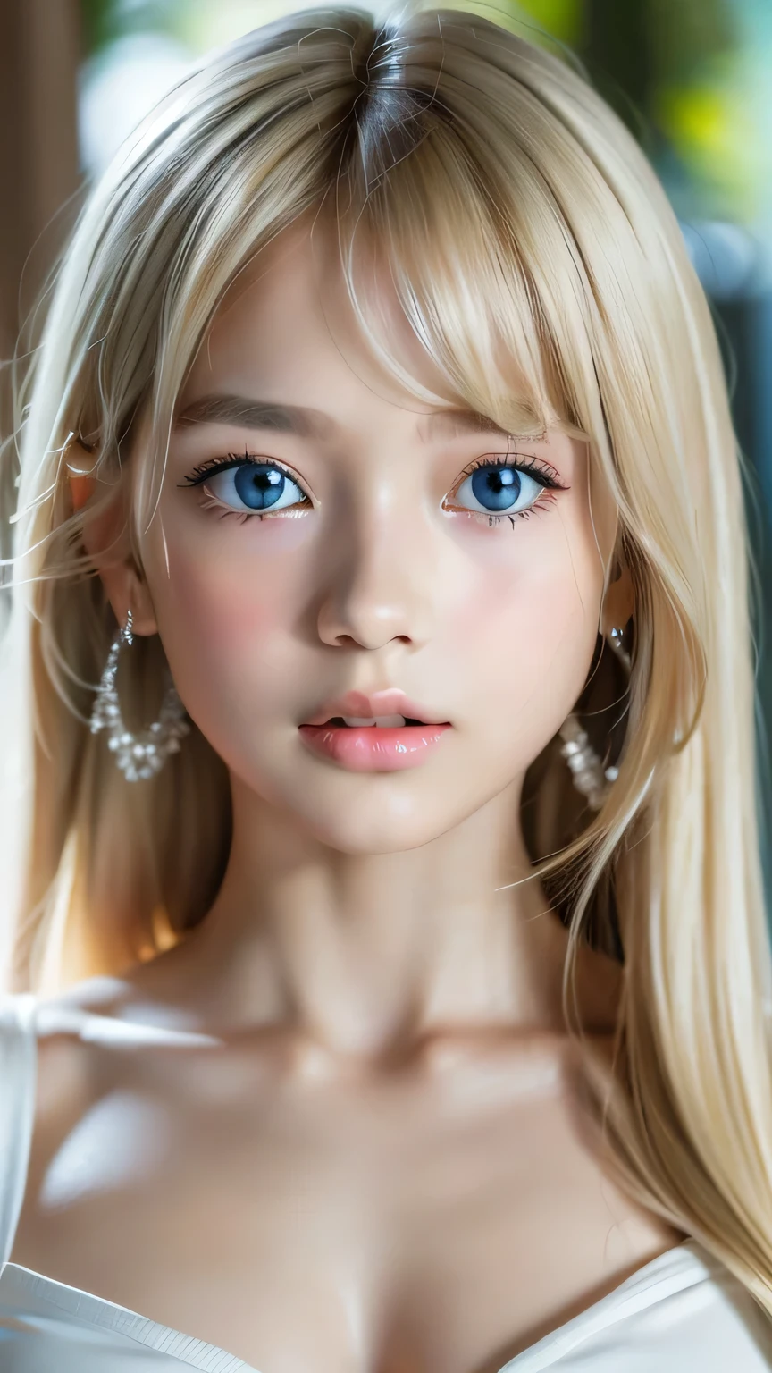 1 Girl, 19 years old, Solo, Super long straight hair, Huge boobs, Looking at the Viewer, ((shiny bright platinum blonde hair))、Very beautiful eyes and messy bangs between the eyes、White skin、Radiant Skin、Glowing Skin、Gloss Face、Cheek gloss、Bare shoulders, jewelry, Full Body, (Highly detailed 8k wallpaper), Soft lighting, High quality, Film Grain, Fujifilm XT3 Sharp Focus, F 5.6, High detail, Boobs Sharp Focus,(Natural light), (Close-up:1.2), (Fascinating breasts), Off-the-shoulder T-shirt, Realism, sexy、Beautiful big white and pale blue eyes、eyeliner、