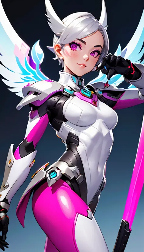 a close up of a person in a costume with a sword, overwatch skin, sigma female, overwatch character, sharp silver armor fuchsia ...