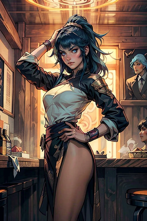 ((A young woman with long flowing dark blue hair, long side bangs covering the right side of the face, thick, upward-arched eyebrows, big expressive eyes, a delicate oval face, a sensual wide mouth, a sensual expression, breasts big, topless, huge, excited nipples, extremely sexy. One hand rests on the hip, surrounded by an aura of cyan energy, standing in a fantasy style Chinese tavern)), This character embodies a finely crafted anime-style fantasy martial arts heroine, exquisite and mature manga art style, pale skin, High definition, best qualityer, high resolution, ultra detali, ultra-fine painting, extremely delicate, proffesional, anatomically correcte, Symmetrical face, extremely detailed eye and face, high quality eyes, creativity, CRU photo, uhd, 32k, naturallight, cinematic lighting, work of art-anatomy-perfect, work of art:1.5
