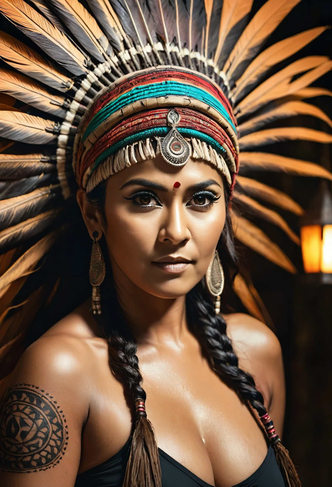 Fotos brutas, pele brilhando de suor, parece Nayanthara, figura grossa, curvilíneo, milf, mulher de 50 anos, tatuagem no meio do peito, com cocar indiano realista , garota tribal, looks deslumbrantes, cocar tribal, Tatuagens, colourful tribal Tatuagens, garota branca tribal, tribo polinésia, melhor qualidade , melhor classificação de cores cinematográfica, iluminação detalhada,  alta resolução  , (pele altamente detalhada: 1.2), 8k hd, dslr, iluminação suave, alta qualidade, grão de filme, Fujifilm XT3, axilas altamente detalhadas, pelos das axilas,  totalmente nu, mamilos cobertos por hai, poros da pele, textura da pele, Pele de alta qualidade, 