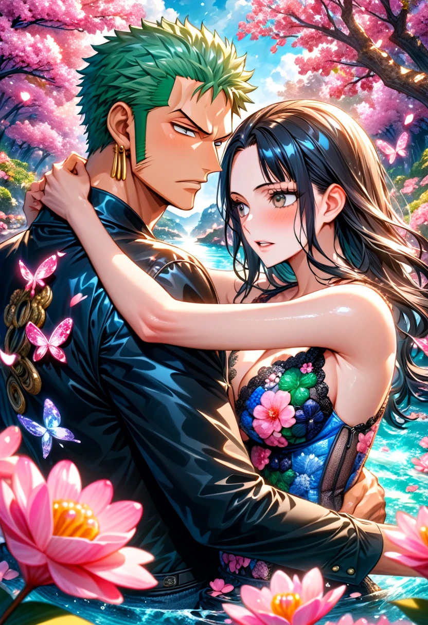 absurdres, highres, ultra detailed, HDR, master piece, best quality, Roronoa Zoro, green hair, expressive brown eyes, One Piece, Nico Robin, black hair, expressive blue eyes, a man together with a beautiful woman, couple, black clothes, pink blossoms, pink flowers, water, pink butterflies