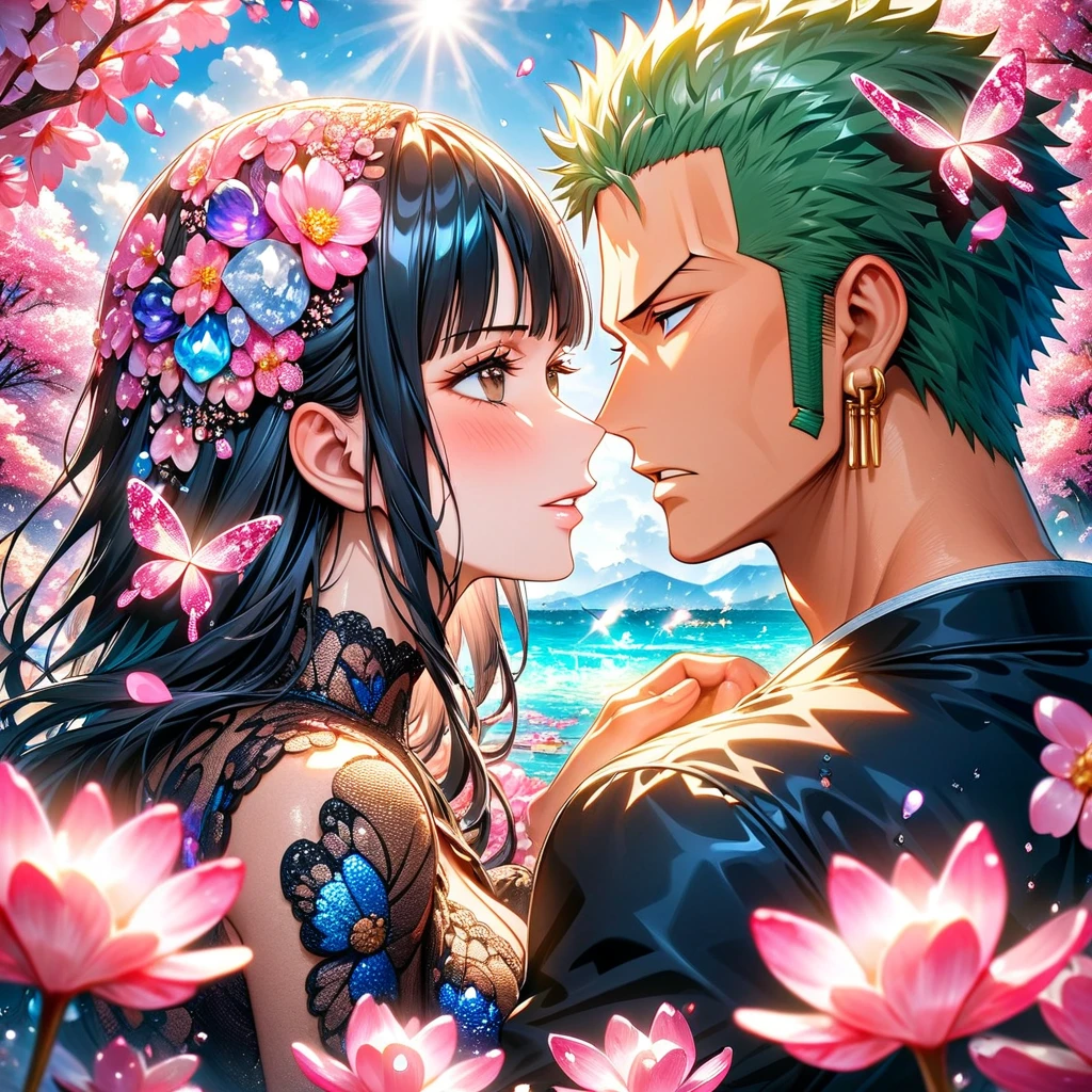 absurdos, alta resolución, ultra detallado, hdr, obra maestra, mejor calidad, roronoa zoro, Pelo verde, ojos marrones expresivos, una pieza, Nico Robin, pelo negro, ojos azules expresivos, un hombre junto con una mujer hermosa, pareja, Ropa negra, flores rosadas, Flores rosadas, agua, mariposas rosadas