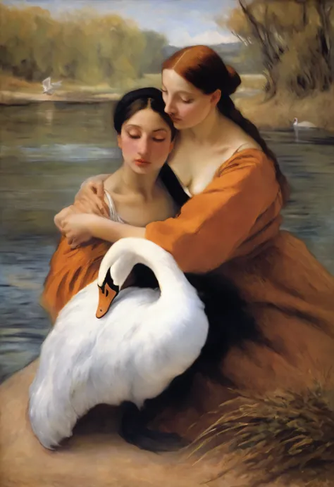 oil painting, estilo degas, realismo, leonardo da vinci,, woman being hugged by a swan, pele clara, olhos castanhos, a scarf in ...