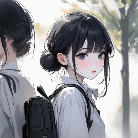 girl, black hair, simple, bangs, buns, black eyes, pale skin, delicate, rosy cheeks, school, backpack