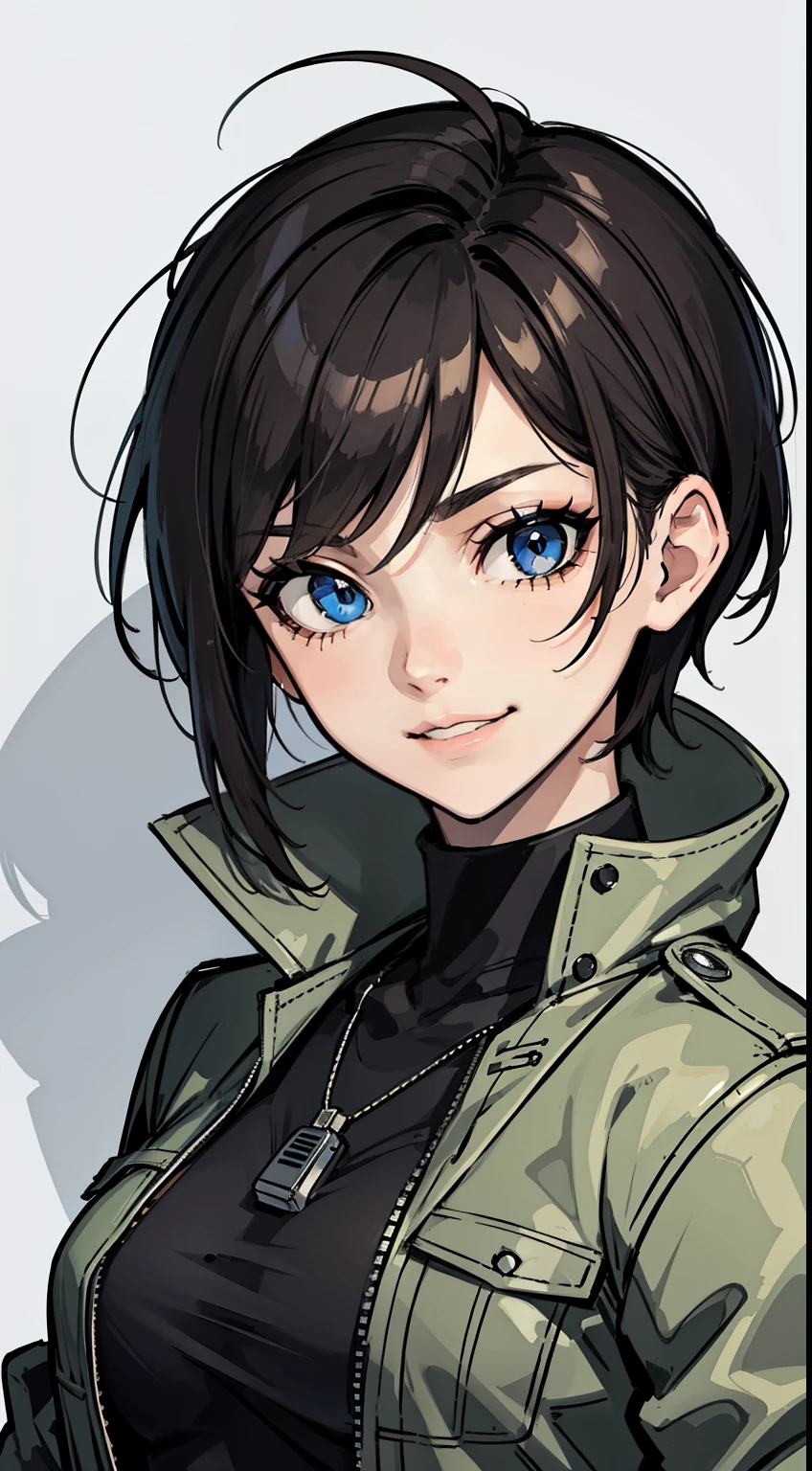 (high-quality, breathtaking),(expressive eyes, perfect face) Symmetrical Eyes, portrait, Star Wars Universe, 1girl, female, adult, mechanic, punk jacket, shirt, short sleeved, gloves, pants, belt, wrench, crystals, messy hair, black hair color, brown eye color, short hair length, stylized hairstyle, pixie haircut, tall, technician outfit, engineer, sci fi workshop background, work bench, tools, mature, narrow eyes, dog tag necklaces, soft smile, soft eyelashes, age 28
