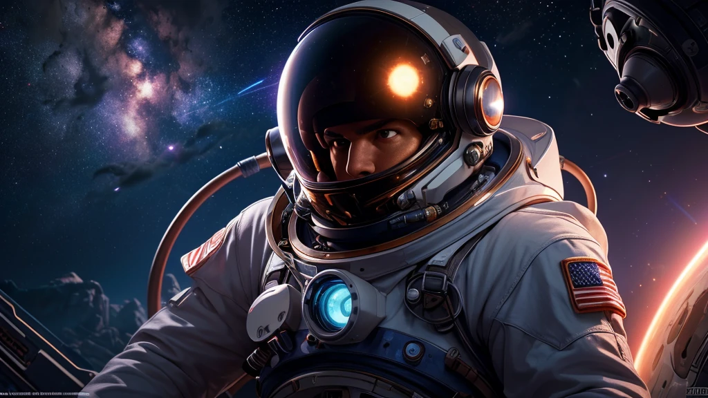 Um homem em um traje espacial, polvo detalhado no capacete, fundo do espaço, astronauta, futurista, sci-fi, hiperrealista, iluminação cinematográfica, composição dramática, detalhes intrincados, cores vibrantes, 8K, alta qualidade