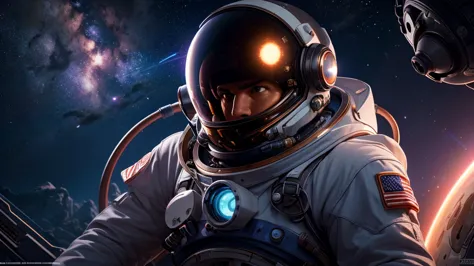 A man in a spacesuit, detailed octopus on the helmet, space background, astronaut, futuristic, sci-fi, hyperrealistic, cinematic...