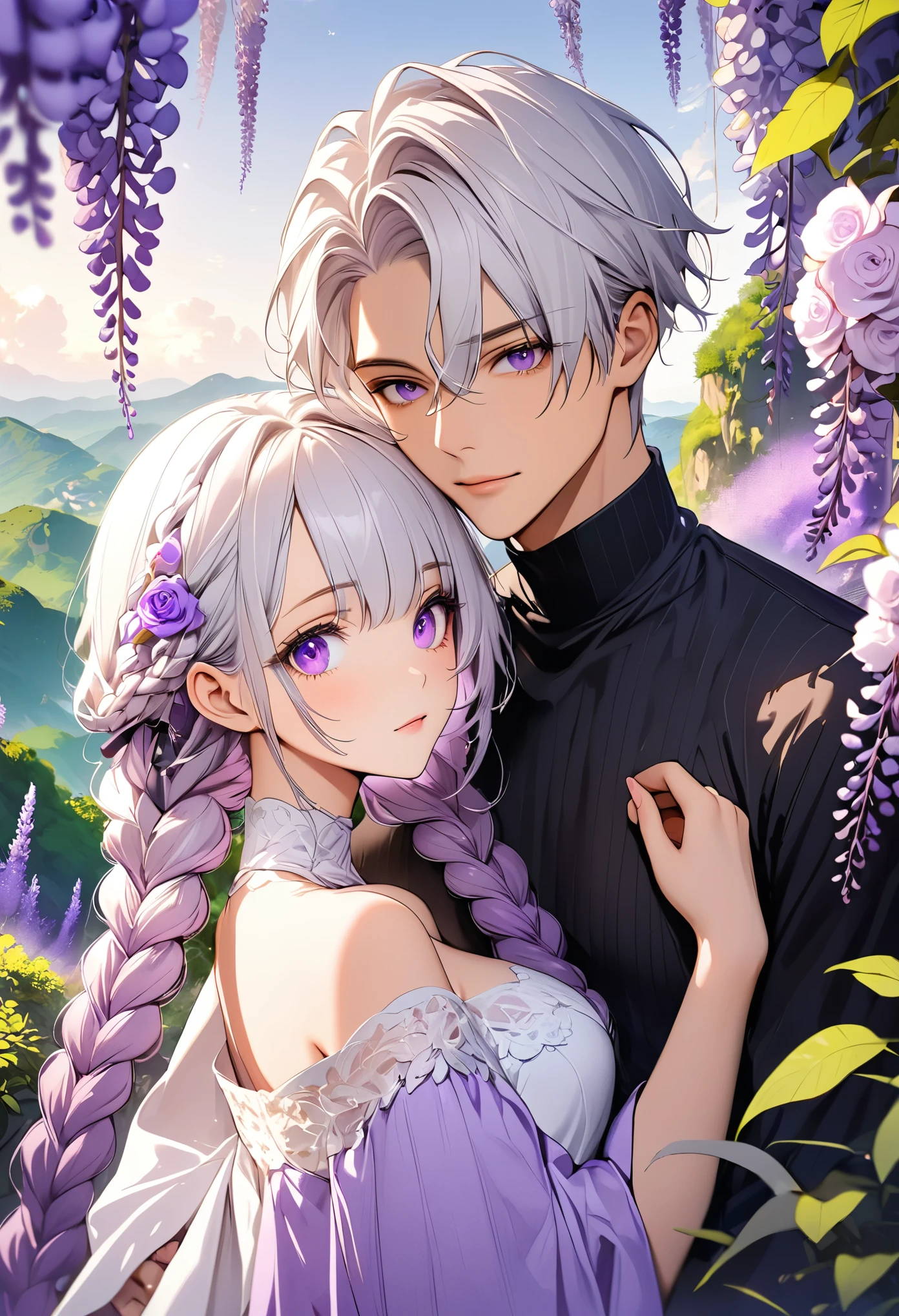 (masterpiece, best quality:1.2), handsome boy and beautiful girl，Purple Eyes，Bright Eyes，Eye details，White hair - 2 long - purple braids，High Neck Off Shoulder Dress，Purple lavender，Wisteria rose，Beautiful scenery，Fluorescent purple and fluorescent green
