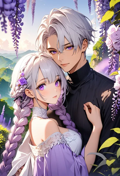 (masterpiece, best quality:1.2), handsome boy and beautiful girl，purple eyes，bright eyes，eye details，white hair - 2 long - purpl...