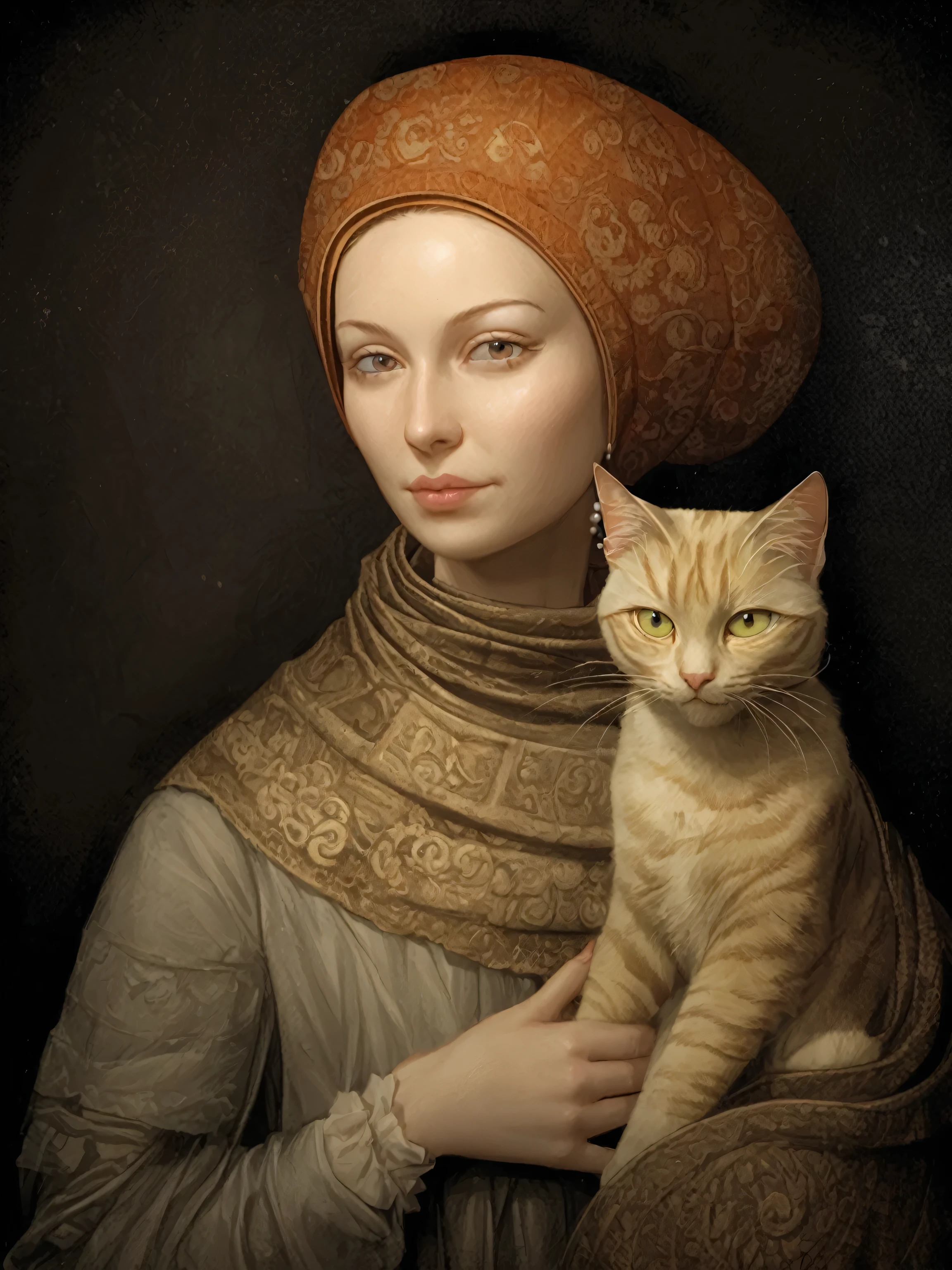 painting of a ผู้หญิง with a cat in her arms, realistic ภาพเหมือนยุคฟื้นฟูศิลปวิทยา, ในสไตล์เรอเนซองส์ชั้นสูง, ในสไตล์เรอเนซองส์, ผู้หญิง and cat, ภาพเหมือนยุคฟื้นฟูศิลปวิทยา, ในสไตล์เรอเนซองส์, ผู้หญิง / ลูกผสมแมว, แมวใส่ต่างหูมุก, แรงบันดาลใจจากยาน ฟาน เอค, obra-prima anthropo retrato, รูปแมว, แรงบันดาลใจจากฮูเบิร์ต ฟาน เอค