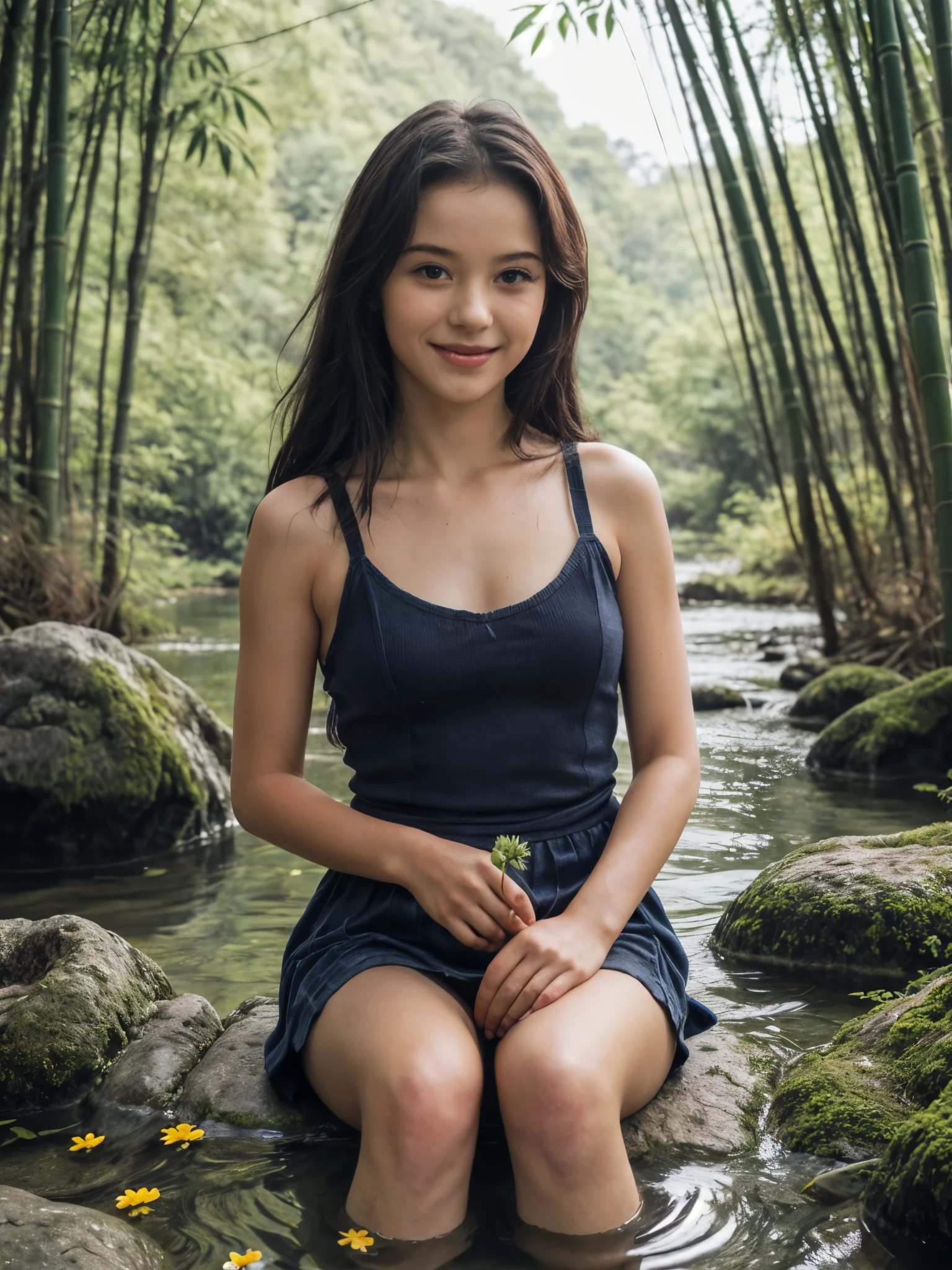 1girl, very wide shot, breathtaking creek with tree surrounding it, detailed face, (evoke a romantic vibes:1.2), smile, long black hair, dappled sunlight, bamboo trees, rocky riverside, mossy, water reflection, sharp focus, (realistic:1.3), masterpiece, ray tracing, ultra realistic, ultra hd, stylish, (blue flowers here and there, blue flower petals on water:1.2), cinematic photography lighting, bush, (12yo, cute:1.3), (breasts:1.2), 