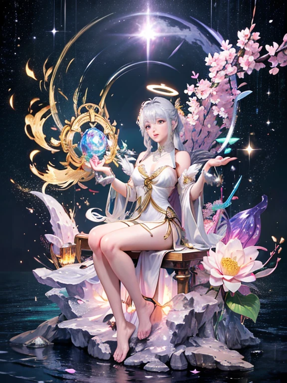 (Buddhist paradise、Gold Dust Show、Silver、Ruri、agate、Several large crystals、Halo、Many Kannon Bodhisattvas)、god々A good appearance、A dazzlingly bright world、Daytime world、Flowers are blooming all over the place、Seated on a lotus pedestal、Official artwork、Crystal clear white dress、barefoot、(masterpiece、highest quality、High resolution、8k)、The composition is excellent、