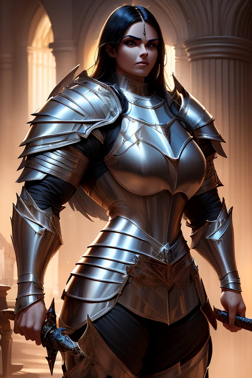 ((((Massive, tall, beautiful, buff, muscular light brown skinned female knight with black hair, black lipstick, huge angle wings, ginormous bulky muscles, holding a sword and wearing an all black gleaming knight armor with hauberk and pants)))), {close view}, black eyeliner, massive muscles, massive biceps, hyper muscle triceps, (long straight hair), orange eyes, giant angel wings, knight boots, In a castle, (hauberk pants), steel knight armor, armor breastplate, nighttime, confident smile, hyper muscles arms, hyper muscle legs, ginormous arms