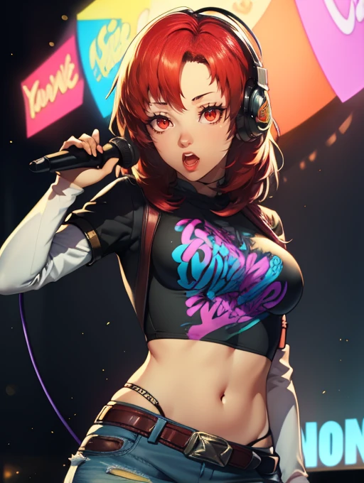 Hapi, red hair,earrings ,lipstick, eye shadow, makeup, 1girl, solo, black t-shirt, white shirt, blue jeans, belt, lipstick, large breasts, layered sleeves, sexy pose, holding a microphone, singing, stage background, headphones