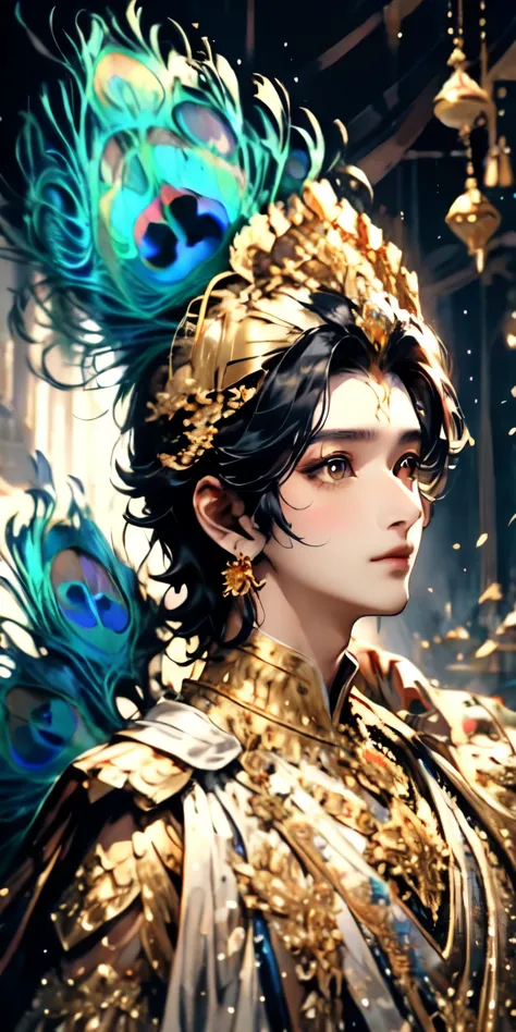 best quality, masterpiece,black hair, gold eyes,yellow clothes, looking up, upper body,hair strand,Fair skin,lots of peacock fea...