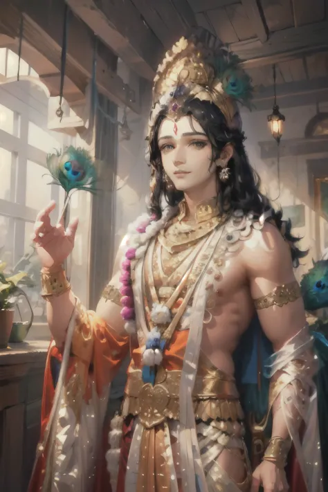 (masterpiece, top quality, best quality, official art, beautiful and aesthetic:1.2), (Lord Krishna), extreme detailed,(fractal a...