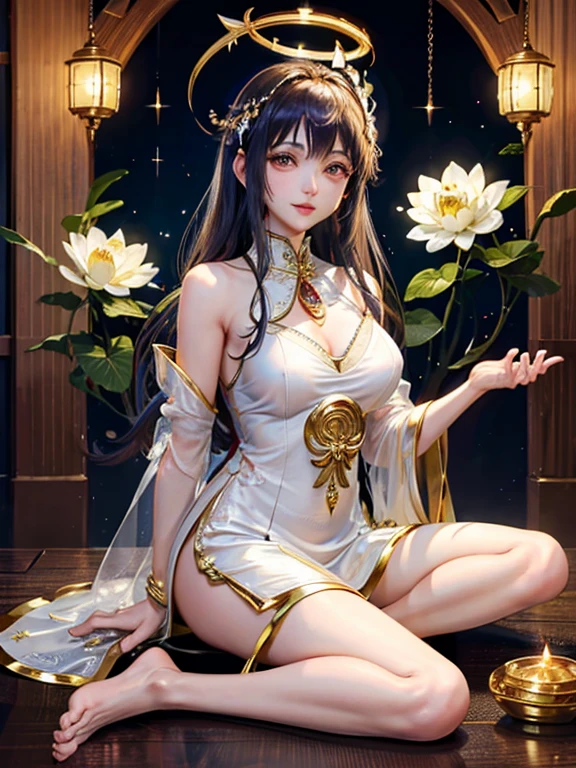 (Buddhist paradise、Gold Dust、Silver、Ruri、agate、Several large crystals、Halo、Kannon Bodhisattva)、god々A good appearance、A dazzlingly bright world、Daytime world、Flowers are blooming all over the place、Seated on a lotus pedestal、Official artwork、Crystal clear white dress、barefoot、(masterpiece、highest quality、High resolution、8k)、The composition is excellent、