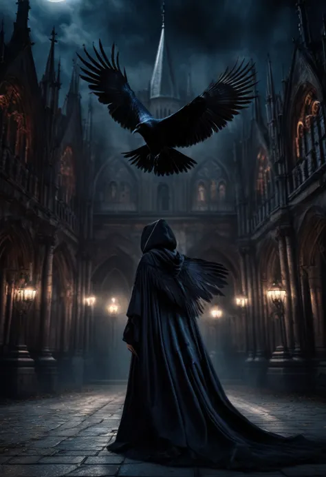 {Digital illustration of a beautiful girl with raven wings, in a terrifying cloak, flying and facing forward in front of an anci...