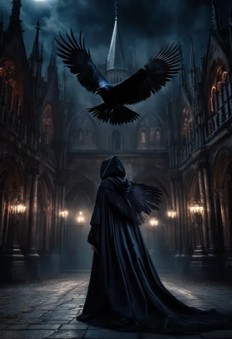 {digital illustration of a beautiful girl with raven wings, in a terrifying cloak, flying and facing forward in front of an anci...