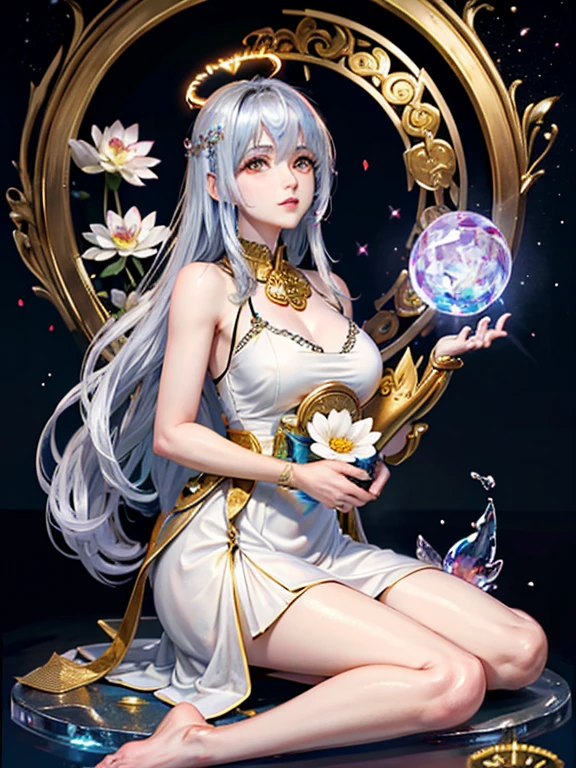 (Buddhist paradise、Gold Dust、Silver、Ruri、agate、Several large crystals、Halo、Kannon Bodhisattva)、god々A good appearance、A dazzlingly bright world、Daytime world、Flowers are blooming all over the place、Seated on a lotus pedestal、Official artwork、Crystal clear white dress、barefoot、(masterpiece、highest quality、High resolution、8k)、The composition is excellent、