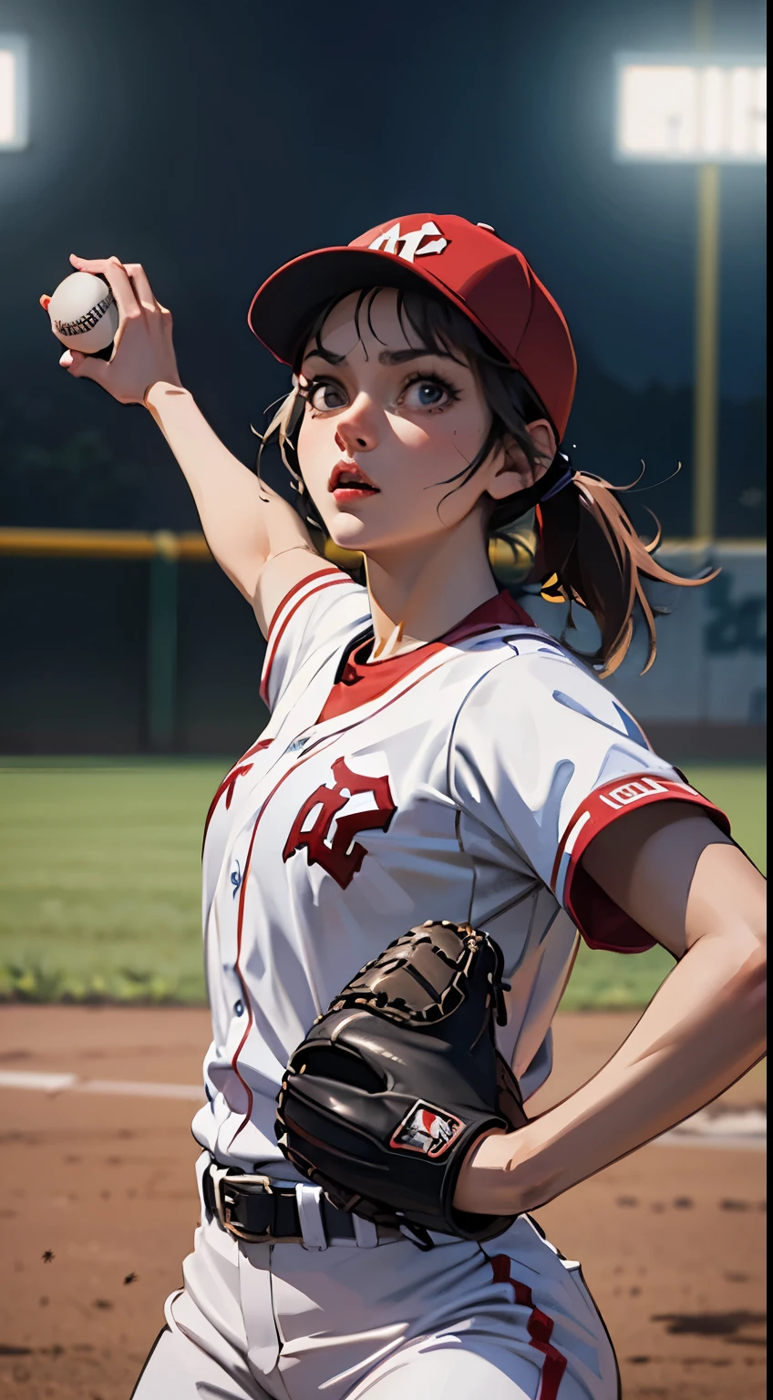 动漫棒球狂热者的诗女棒球投手, 投球姿势, 戏剧性的一幕, 动漫风格, cool 投球姿势, 详细美丽的脸