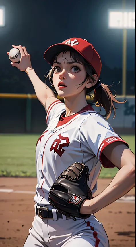 Anime baseball fanatic's poem female baseball pitcher, pitching form, dramatic scene, anime style, cool pitching form, detailed ...